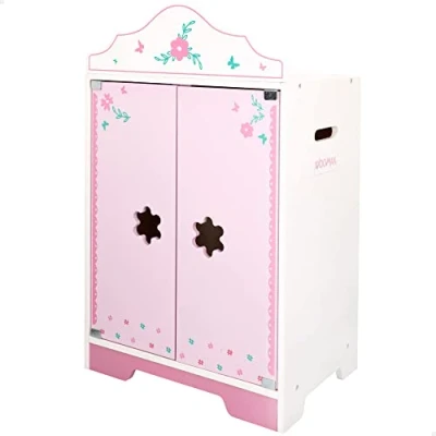 Imagen de WOOMAX Armario de Madera para Ropa Muñecas, Armarios Juguetes, Mide 34 x 23 55 cm, Color Rosa y Blanco con Flores, Perchas, +3 Años, 49345