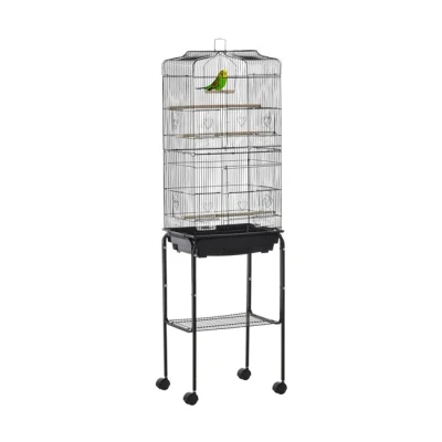 Imagen de PawHut Jaula para Pájaros con Ruedas 46,5x36x157 cm Metálica de Aves Puertas 4 Comederos 3 Perchas Bandeja Extraíble y Estante Almacenaje Canarios Periquitos Blanco