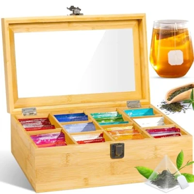 Imagen de GUHAOOL Caja de Té, para té e Infusiones, Madera Bolsas con 10 Compartimentos, Cajita Infusiones Ventana, Organizador Guardar Bolsitas 29.5 x 16 9cm