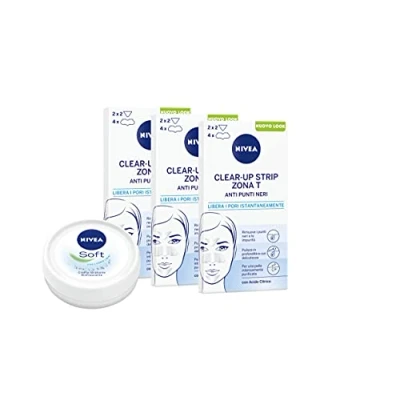 Imagen de Nivea Clear Up Strips Zona T Tiritas de puntos negros, paquete 3 x 6 unidades, parches limpieza facial y Soft Mini crema facial, cuerpo manos 25 g