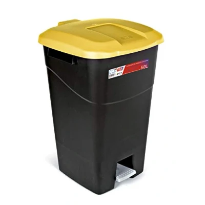 Imagen de Tayg Cubo de basura 60 litros con pedal, base negra y tapa amarilla, plástico