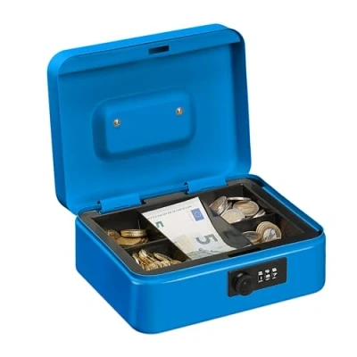 Imagen de Relaxdays caudales numérica Caja Dinero, Combinación 3 Números, Bandeja para Monedas, Cajita Registradora Hierro, 8,5 x 20 17 cm, Azul