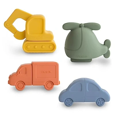 Imagen de Mushie Juguete de baño 4 vehículos flotantes para bebés, niños pequeños y Hechos Silicona Grado alimenticio divertirse en el Helicóptero, Coche, camión Excavadora
