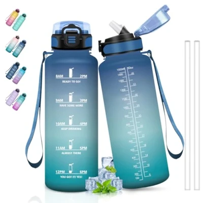 Imagen de Botella Agua 1 5 litros Gimnasio, Reutilizable con Pajita, Fácil de Limpiar, Deporte, Marca Tiempo, Cantimplora para la Yoga, Senderismo, Correr, Azul Verde