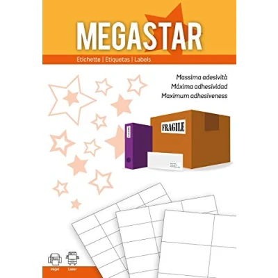 Imagen de Caja 100 hojas etiquetas blancas con márgenes láser/inyección de tinta/fotocopiadoras 105x72 mm megastar lp4ms 10572