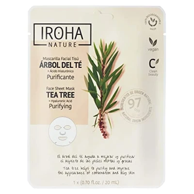 Imagen de Iroha Nature Mascarilla Facial Purificante con Árbol del Té y Ácido Hialurónico Ideal para Piel Mixta/Grasa Fórmula Vegana 100% Biodegradable Reduce Imperfecciones e Impurezas