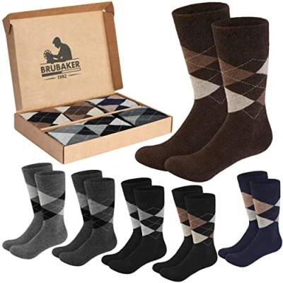 Imagen de BRUBAKER 6 Pares de Calcetines con Diseño Rombos Confortables Cuadros Argyle en Caja Regalo Suaves y Transpirables Mezcla Colores Gris/Marrón Talla 39 42
