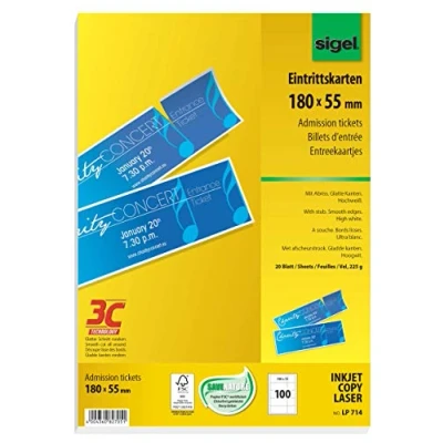 Imagen de SIGEL LP714 Entradas para eventos la impresión, 180x55 mm, corte preciso, con talón de separación 50x55 100 unds.=20 hojas
