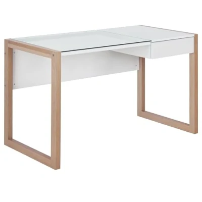 Imagen de HOMCOM Mesa de Ordenador Escritorio Diseño Moderno con Tablero Vidrio Templado Cajón Combinación Estilos para Oficina Estudio 120x60x75 cm Blanco