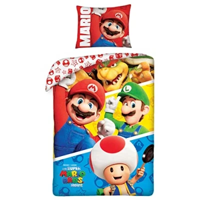 Imagen de Halantex Juego de cama Super Mario Bros The Movie 4 personajes Luigi Toad Bowser funda nórdica 140 x 200 cm con almohada 70 90 100% algodón multicolor (SMM003)