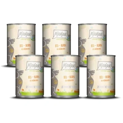 Imagen de MjAMjAM Comida húmeda Premium para Perros naturalmente Deliciosa Bio Pollo con Zanahorias, Pack de 6 (6 x 400g), sin Cereales Extra Carne