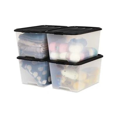Imagen de Iris Ohyama 4 Cajas de almacenaje con tapa y cierres a presión, 45L, Negro, apilables, encajables, contenador para ropas, juguetes, hogar, oficina armario, organizar espacio, plástico, TB 45