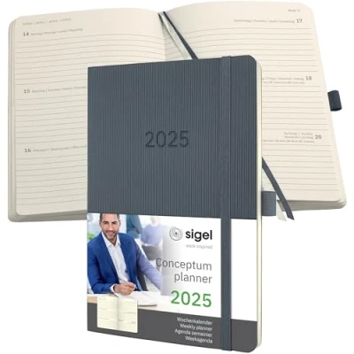 Imagen de SIGEL C2536 Conceptum Agenda semanal 2025, aprox. A5, gris oscuro, tapa blanda, dos páginas = una semana, 192