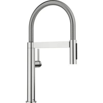Imagen de BLANCO CULINA S II Mini Grifo de cocina en acero PVD Alta presión Con manguera extraíble Cambio chorro claro ducha Válvula retorno Calidad del agua asegurada y ahorro