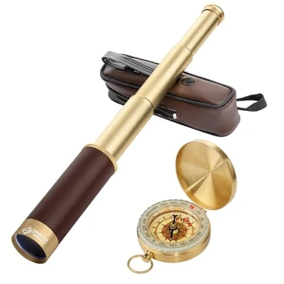 Imagen de Laupha telescopio Pirata Retro de 25 x 30 Pulgadas, portátil Mano, monocular Vintage para niños, Mini Bolsillo, Equipo Supervivencia, Bolsa brújula, brújula Militar