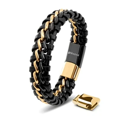 Imagen de SERASAR Regalo Cumpleaños Hombre Pulsera de Cuero 17cm Oro Pulseras Hombres Brazalete Brazaletes Pulso Muñequera Muñequeras Bisuteria Bisutería Joyeria Nudos Cuerda Cuerdas Ancha