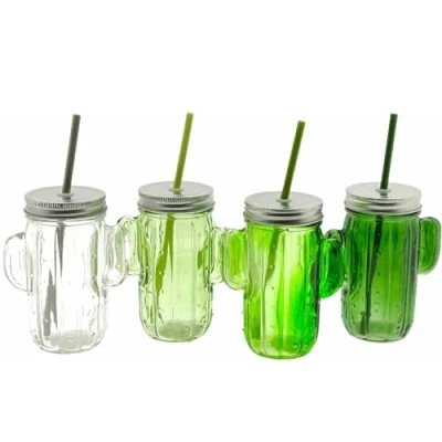 Imagen de Vaso de cristal cactus con tapa y pajita 350ml 4 colores piezas