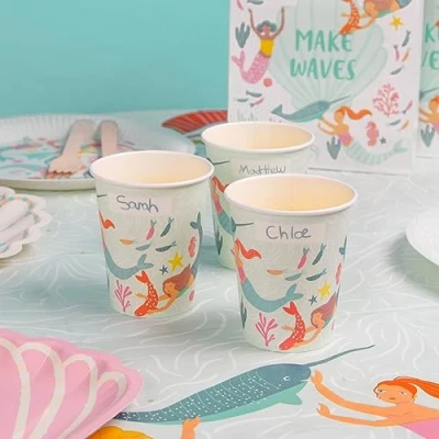 Imagen de Talking Tables Vasos de papel sirena reciclables y ecológicos, decoración vajilla para fiestas cumpleaños infantiles celebraciones temáticas coloridas bajo el mar o baby shower, paquete