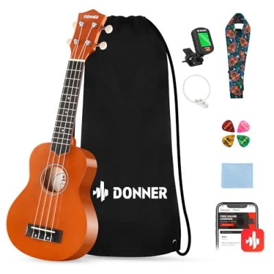 Imagen de Donner Ukelele para Principiante Soprano Kit 21 Pulgadas Ukulele Adulto con Bolso Correa Afinador, Color de Caoba Online Lección