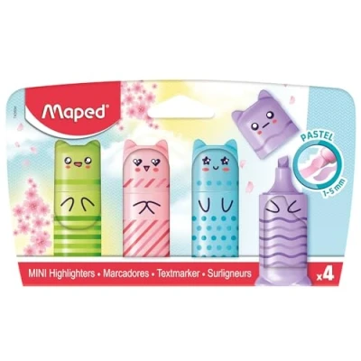 Imagen de Maped 4 mini resaltadores de bolsillo con diseño personajes Kawaii, color verde, azul, rosa y morado