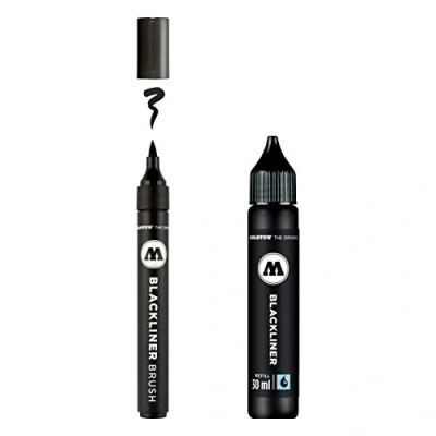 Imagen de Molotow Blackliner Brush and Refill (1 pincel con punta de y 1 recambio 30 ml, tinta altamente pigmentada, permanente, indeleble para documentos), color negro
