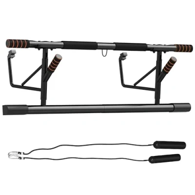 Imagen de SPORTNOW Barra de Dominadas Multifuncional Pared con Bandas Resistencia Carga 150 kg para Ejercicio y Entrenamiento en Casa Gimnasio Negro Naranja