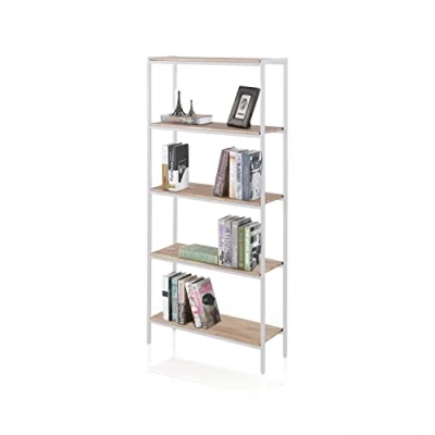 Imagen de duehome Jack, Estanteria Alta con 5 Estantes, Acabado en Roble y Estructura Metalica Color Blanco, Medidas: 80 cm (Largo) x 180 (Alto) 28 (Fondo)