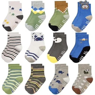 Imagen de Yafane 12 Pares de Calcetines Antideslizantes para Niños Pequeños Infantil Recién Nacido Algodón Bebés 0 7 años (FR/ES, Edad, 5 años, Multicolor 5)