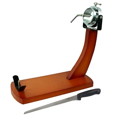 Imagen de Fackelmann Set Soporte Jamonero Giratorio con Cuchillo, Madera de Pino y Color Caramelo, Herrajes Acero, 38x36x16 cm, Cuchillo Acero Inoxidable 34 cm