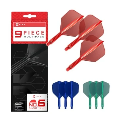 Imagen de Target Darts K Flex Varillas y Flechas Integradas, Tallo Corto (19mm), No.6 Flight, 9 Pack Bundle, Rojo, Azul Verde Kflex 2 en 1, Vuelo Tallo, Accesorios Profesionales de Dardos
