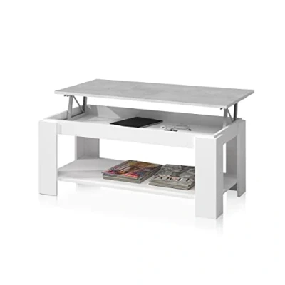 Imagen de Mesa Centro con revistero, elevable, mesita Mueble Salon Comedor, Acabado en Blanco Artik y Gris Cemento, Medidas: 102 cm (Largo) x 43/54 (Alto) 50 (Fondo)