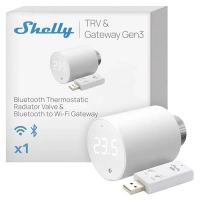 Imagen de Shelly BLU TRV Gen3 &amp; Gateway Cabezal Termostático Inteligente para Válvula de radiador, Regulador temperature Bluetooth con Pasarela BLE Wi Fi, Control remoto por app