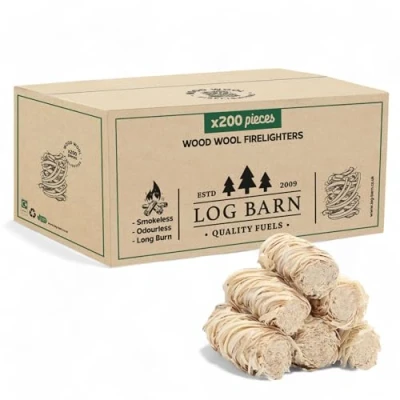 Imagen de Log Barn Encendedores Naturales Caja de 200, Pastillas Encendido para Barbacoa, Estufas Leña, Hornos Pizza, Chimeneas, Lana Madera Encender Fuego Auténtica Leña