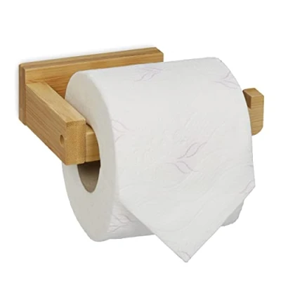 Imagen de Relaxdays Portarrollos Baño Pared Abierto, Soporte Papel WC, Bambú, Adhesivo, Dispensador Rollo, 4x14x9 cm, Natural