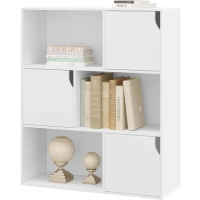 Imagen de eSituro Libreria con 6 Compartimentos, Estanteria de 3 Niveles Puertas, Organizador Libros y Juguetes para Dormitorio, Oficina o Estudio, Separador Ambientes, 80x30x96 cm, Blanco, SBKC0050