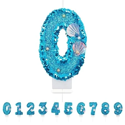 Imagen de Velas Cumpleaños Números 0,3D Sirena Azul Vela,Vela de Número 0 Pastel Decoración,Aniversarios,Baby Shower
