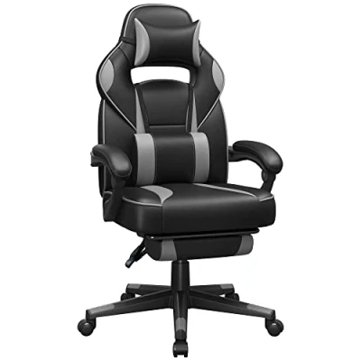 Imagen de SONGMICS Silla de Oficina, Juego, Ajustable, reposapiés telescópico, Mecanismo basculante, reposacabezas, Soporte Lumbar, Carga 150 kg, Negro Tinta y Gris tórtola OBG073B03