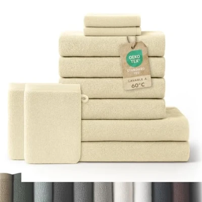 Imagen de Blumtal Juego de 2 Toallas Baño + 4 Manos Tocador para la Cara Suaves y Absorebentes, 100% algodón, Certificado Oeko Tex 100, Arena