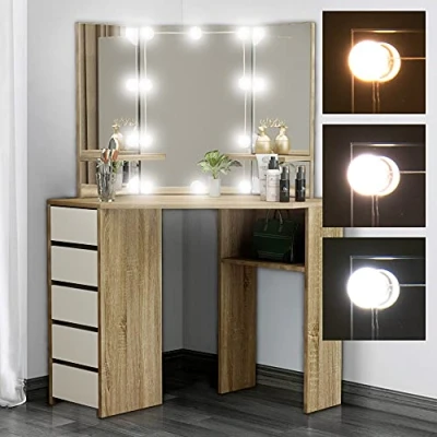 Imagen de ML Design Tocador Blanco/Sonoma con Luces LED 3 Espejos 5 Cajónes y Compartimentos 110x141,5x54cm Fabricado en Madera MDF Mesa de Peluquería Cómoda Retoques Maquillaje Gabinete Make Up