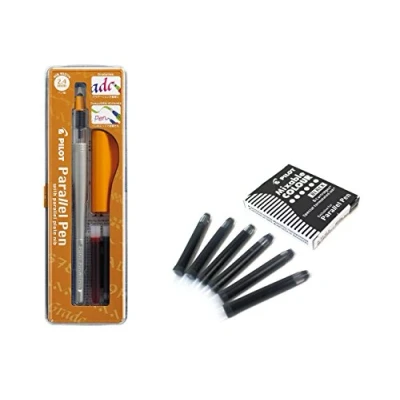 Imagen de Lote 1 Pluma Caligráfica Pilot Parallel Pen plumin 2.4 mm Recargable + Caja con 6 Recambios Color Negro