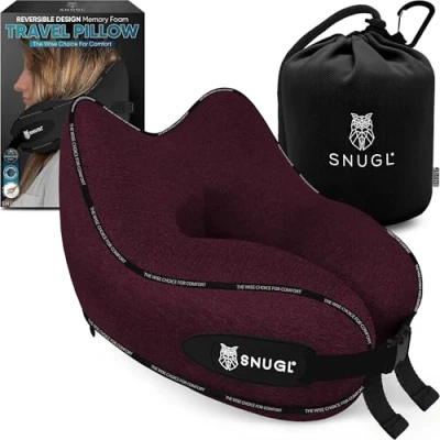 Imagen de SNUGL Almohada de Viaje para el Cuello, Espuma viscoelástica, avión, con Bolsa Transporte y Clip, Dormir en Producto básico vuelos, Color Rojo Oscuro