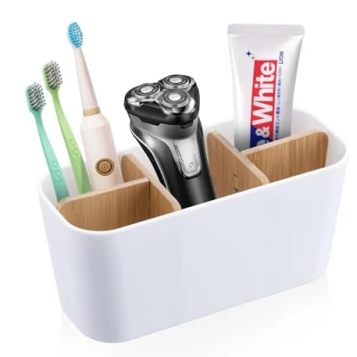 Imagen de Particiones de Bambú Porta Cepillo Dientes, Organizador Cepillos Dientes 5 Compartimentos, Multifuncional Soporte Electrico, Baño Adecuado para Oficina Sala Estar Cocina