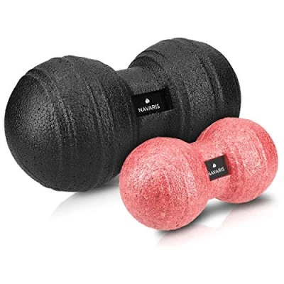 Imagen de Navaris 2x Bolas de masaje en forma cacahuete para automasaje Rodillo liberación miofascial Massage balls negro y rojo