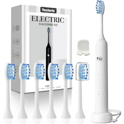 Imagen de Vexloria Cepillo de Dientes Eléctrico Sónico para Adultos y Infantil, Electrico con 6 Cabezales, 5 Modos Temporizador, IPX7 Ultrasónicos Mujer Hombres, Blanco