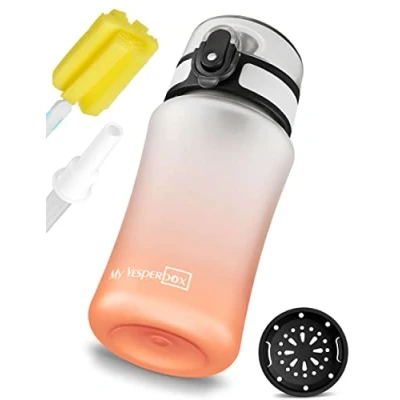 Imagen de My Vesperbox Minny botella de agua para niños a prueba fugas con popote o colador 350 ml, ligera tritan, sin BPA, guardería, escuela (transparente, naranja, ml)