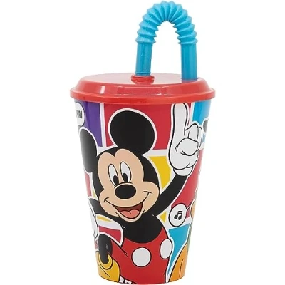 Imagen de vaso con pajita infantil Mickey Disney, de plástico reutilizable semirrígido BPA Free capacidad 430 ml