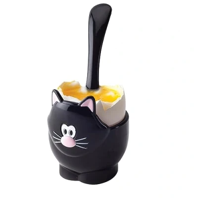 Imagen de Joie Egg Cup 12522 Huevera con Cuchara, Diseño Gatito, Negro, 5 x 11 cm