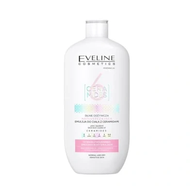 Imagen de Eveline Cosmetics 6 Ceramides Emulsión corporal hipoalergénica Hidratación intensiva y suministro de nutrientes con aceite jojoba, escualano ácido láctico