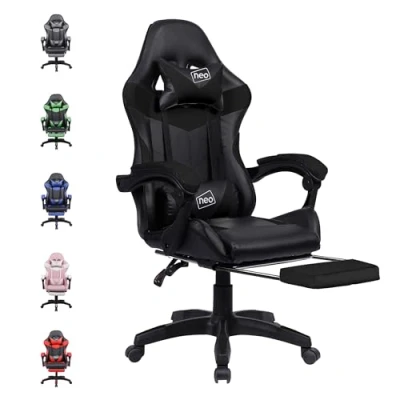Imagen de Neo Silla ejecutiva de piel sintética para masaje deportivo, carreras, juegos, hogar, oficina, computadora, soporte lumbar la espalda, reposapiés (negro)