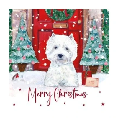 Imagen de Eurowrap Tarjetas de Navidad surtidas con diseño perro Westie, 2 diseños Feliz y deseos Navidad, paquete ecológico 12 unidades